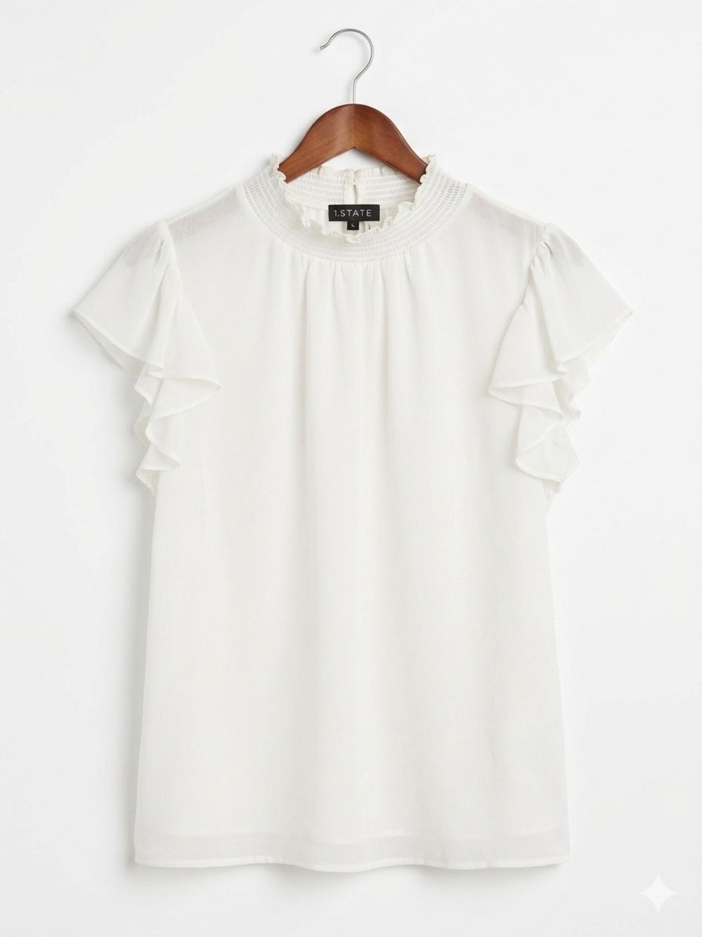 STATE Ivory Ruffle Sleeve Mock Neck Blouse